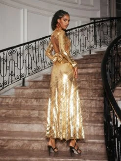 Aadya Long Sleeve Bow Sequin Maxi Dress