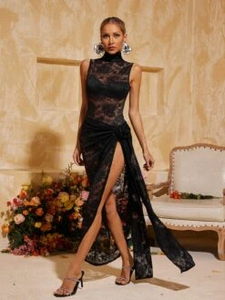 Aelithra High Neck Split Flower Maxi Dress In Black