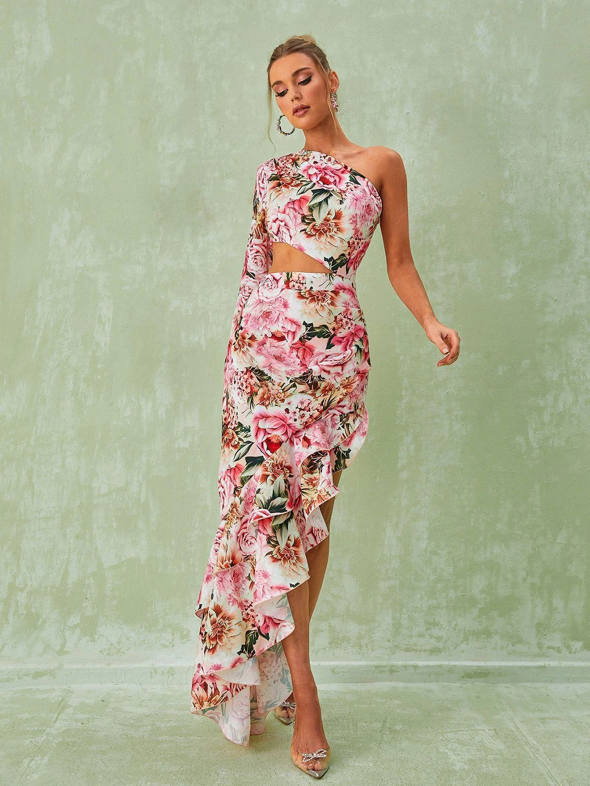 Aiyana One Shoulder Floral Maxi Dress In Pink - Image 6