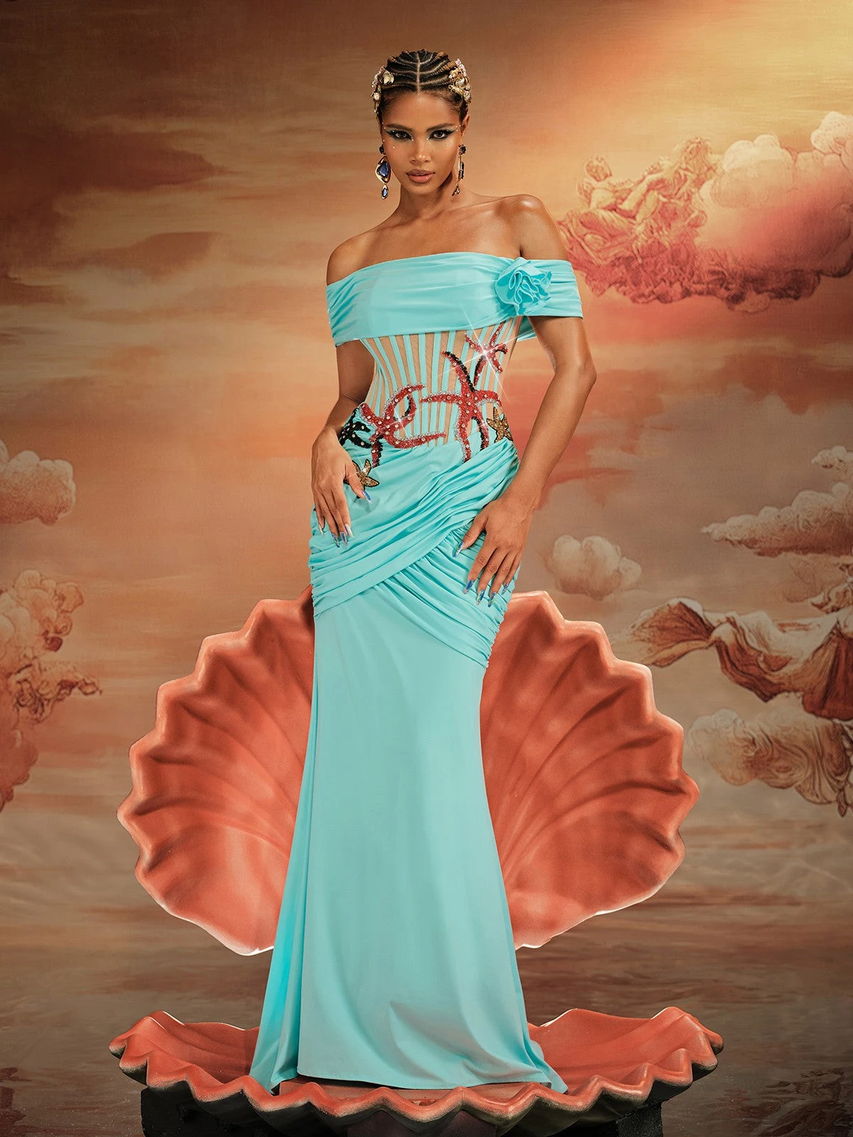 Ajamu Off Shoulder Starfish Pearl Maxi Dress