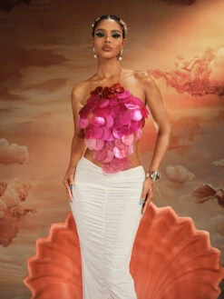 Akili Halterneck Sequin Scale Top In Hot Pink