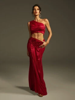 Akiye One Shoulder Ruched Skirt Set In Wine