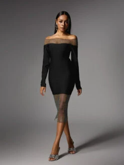 Akuna Off Shoulder Crystal Bandage Midi Dress