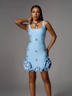Alaula Rhinestone Flower Bandage Mini Dress