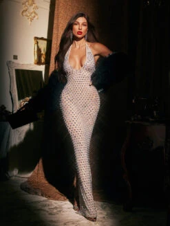 Aldrion Backless Rhinestone Split Maxi Dress