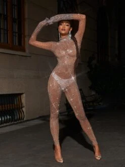 Ally Rhinestone Mesh Jumpsuit In Dark Nude