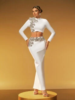 Almira Long Sleeve Flower Bandage Skirt Set In White