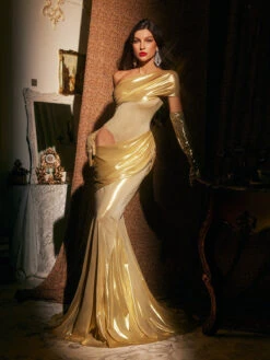 Althorin One Shoulder Metallic Maxi Dress In Gold With Gloves
