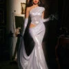 Althorin One Shoulder Metallic Maxi Dress In Silver With Gloves