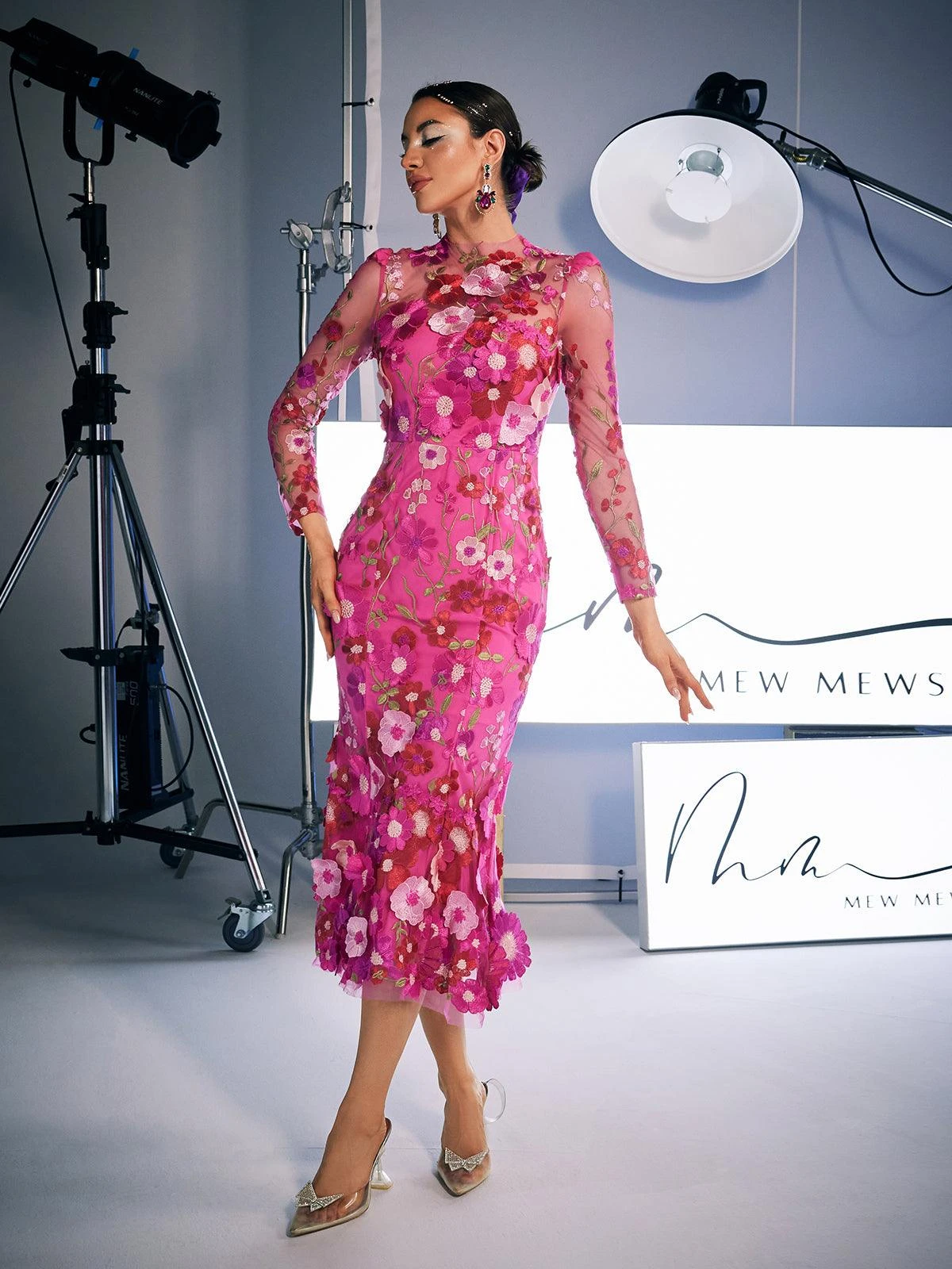 Amara Long Sleeve Embroidered Midi Dress In Hot Pink - Image 4