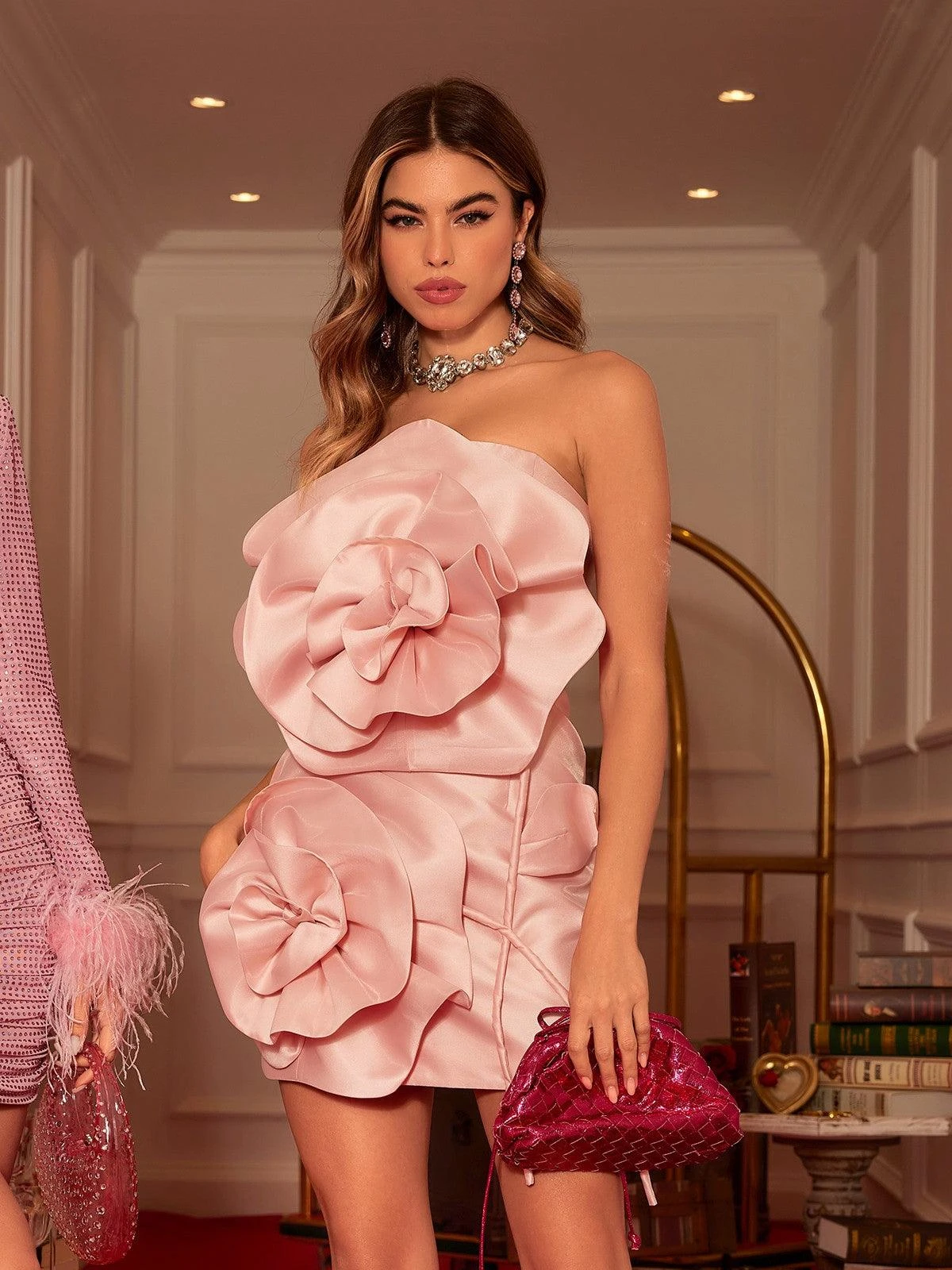 Anwen Strapless Flower Mini Dress In Blush - Image 3