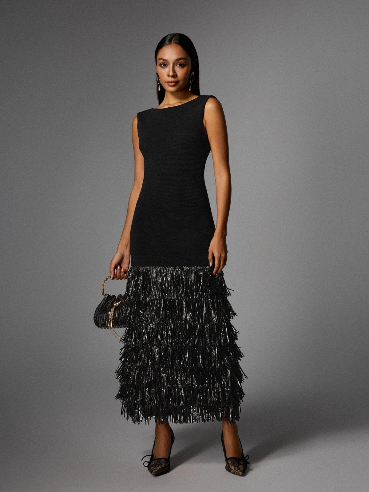 Anzeline Backless Fringe Knitted Maxi Dress