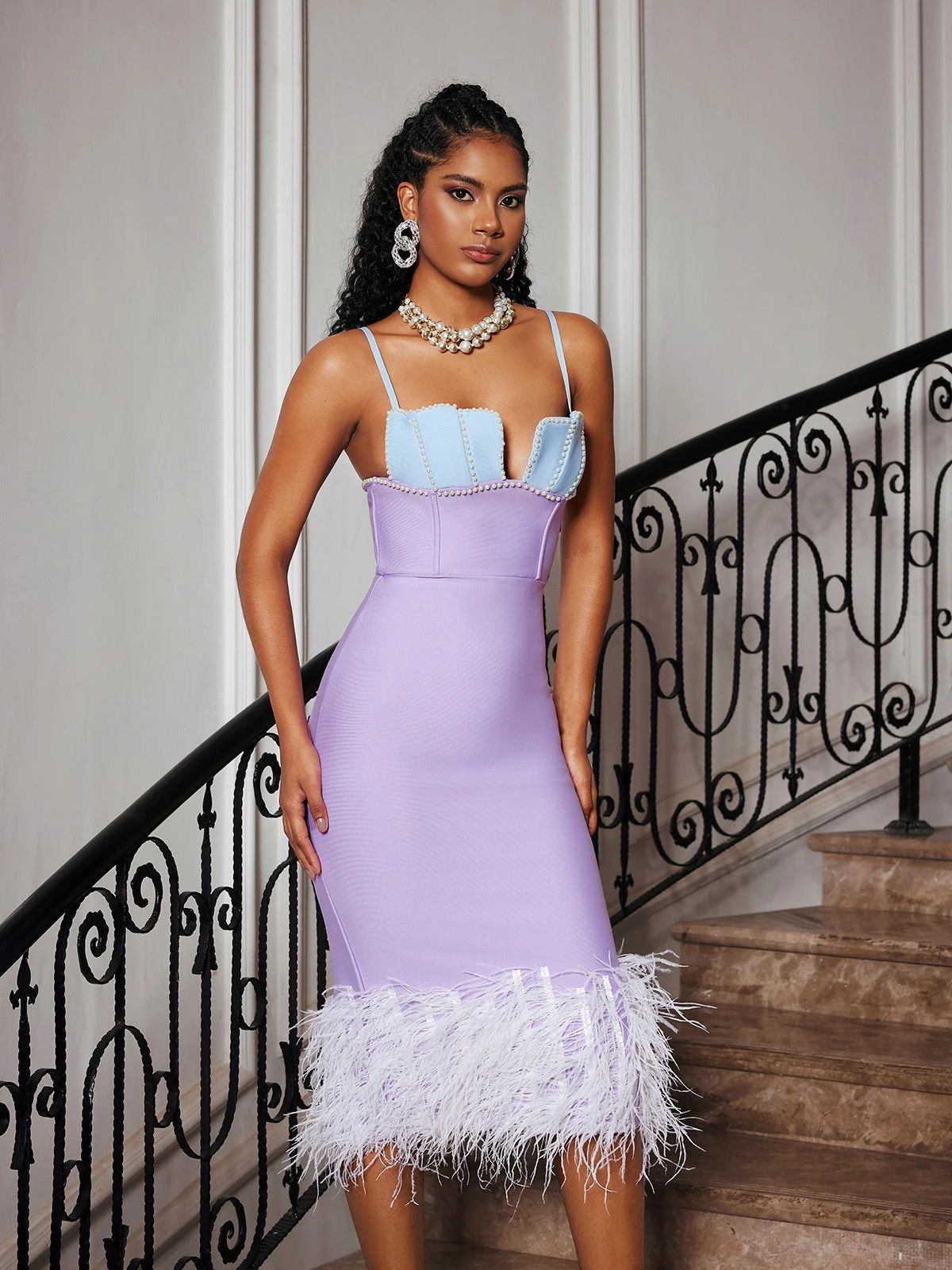 Arife Spaghetti Pearl Feather Bandage Dress - Image 5
