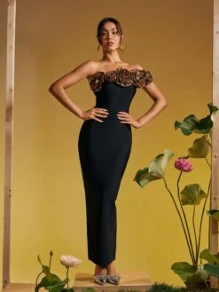 Arnau One Shoulder Flower Bandage Maxi Dress In Gold