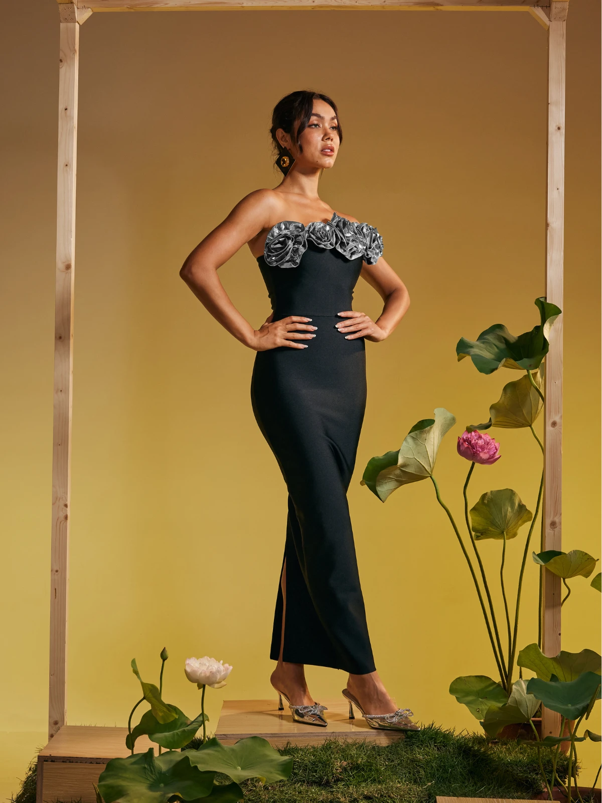 Arnau One Shoulder Flower Bandage Maxi Dress In Silver - Image 5