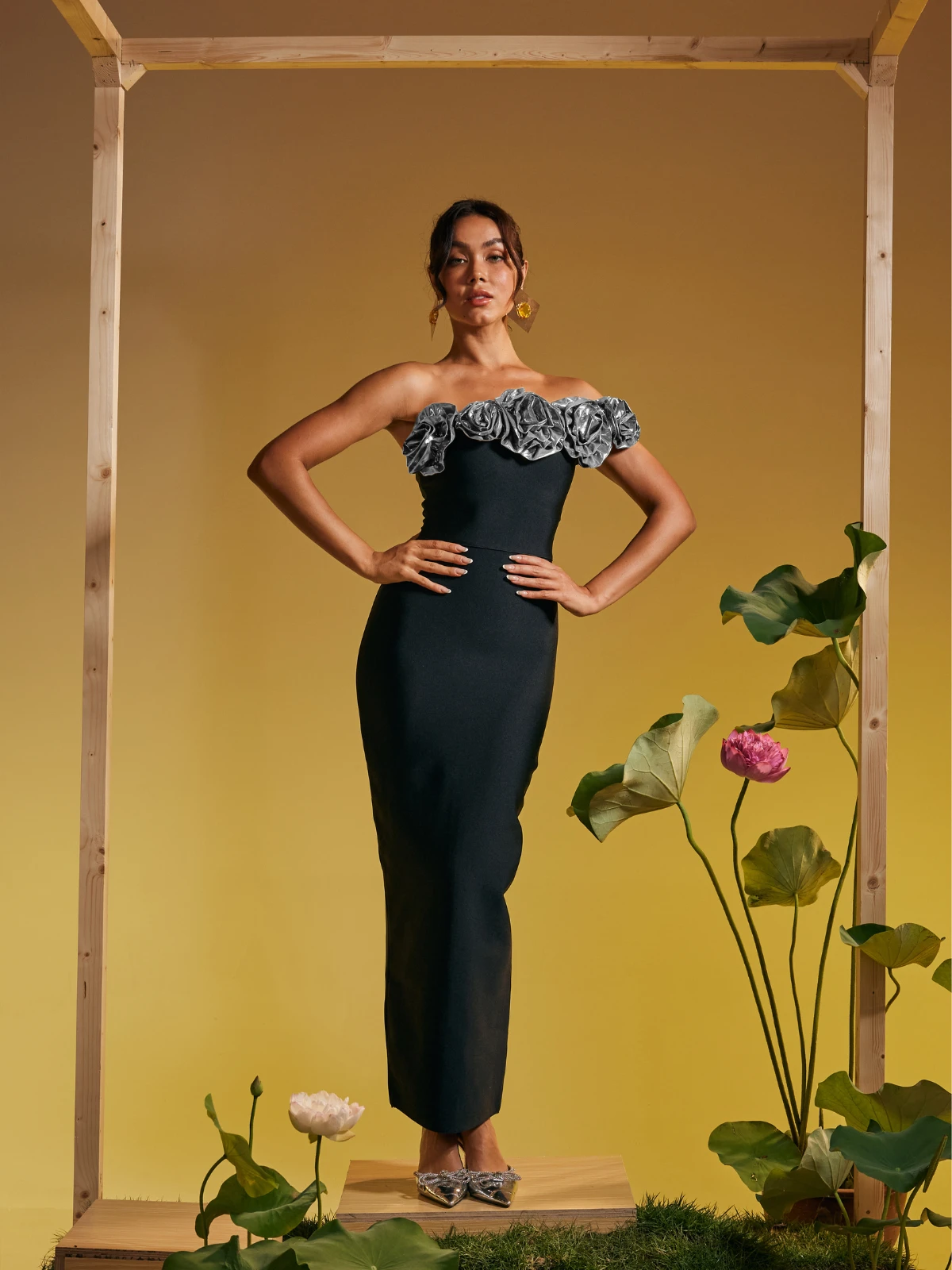 Arnau One Shoulder Flower Bandage Maxi Dress In Silver - Image 2