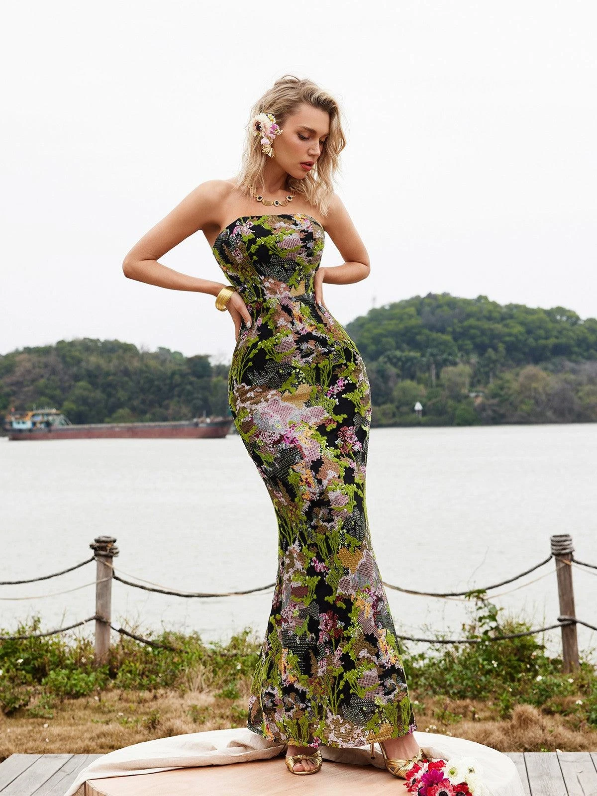 Asa Strapless Floral Sequin Maxi Dress - Image 3