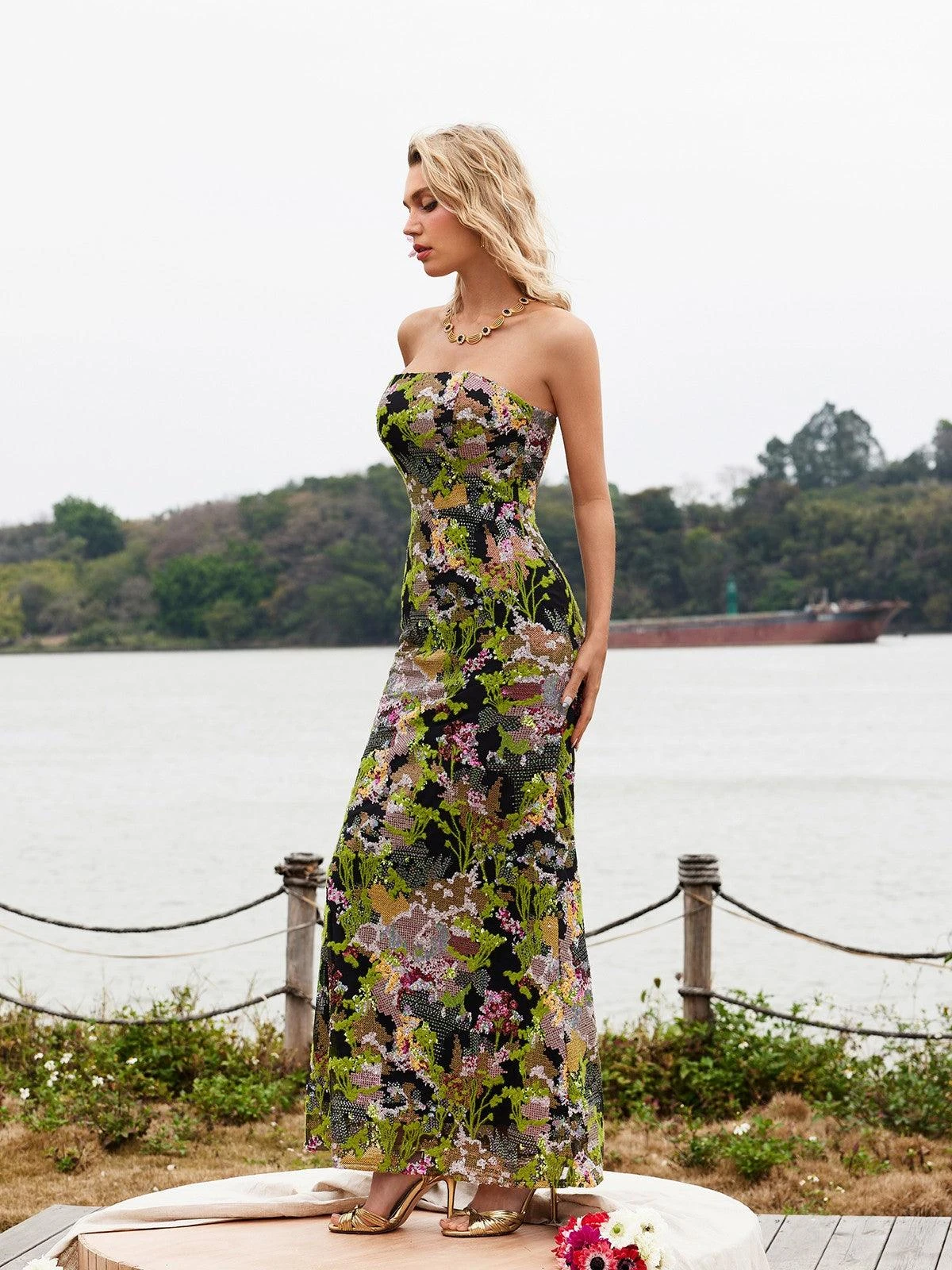 Asa Strapless Floral Sequin Maxi Dress - Image 4