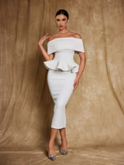 Augustus Off Shoulder Flounce Midi Dress In White