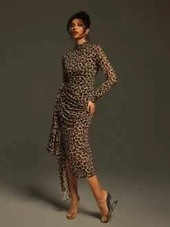 Ayam Long Sleeve Leopard Draped Midi Dress
