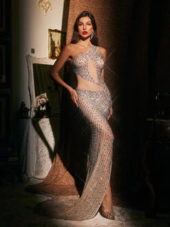 Azelan One Shoulder Embellished Split Maxi Dress