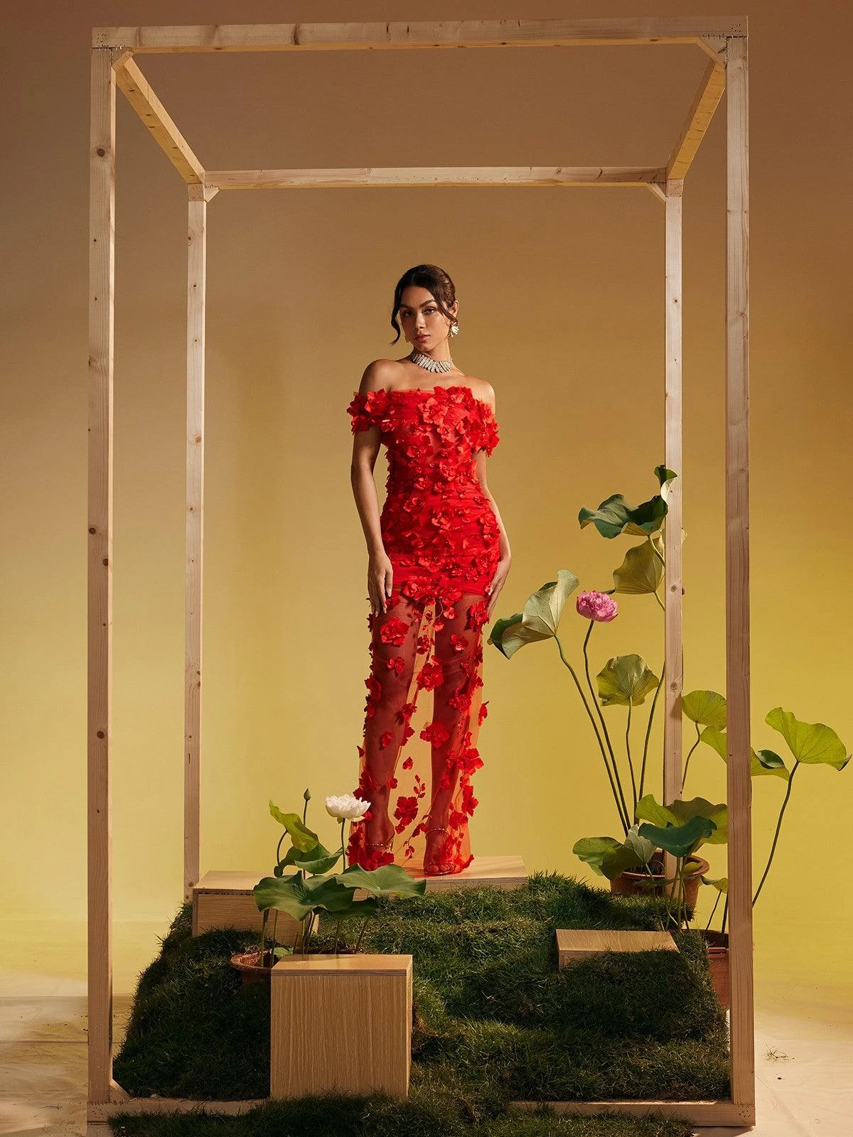 Azizi Off Shoulder Flower Mesh Maxi Dress - Image 3