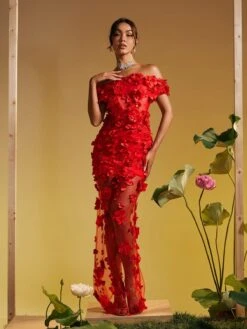 Azizi Off Shoulder Flower Mesh Maxi Dress