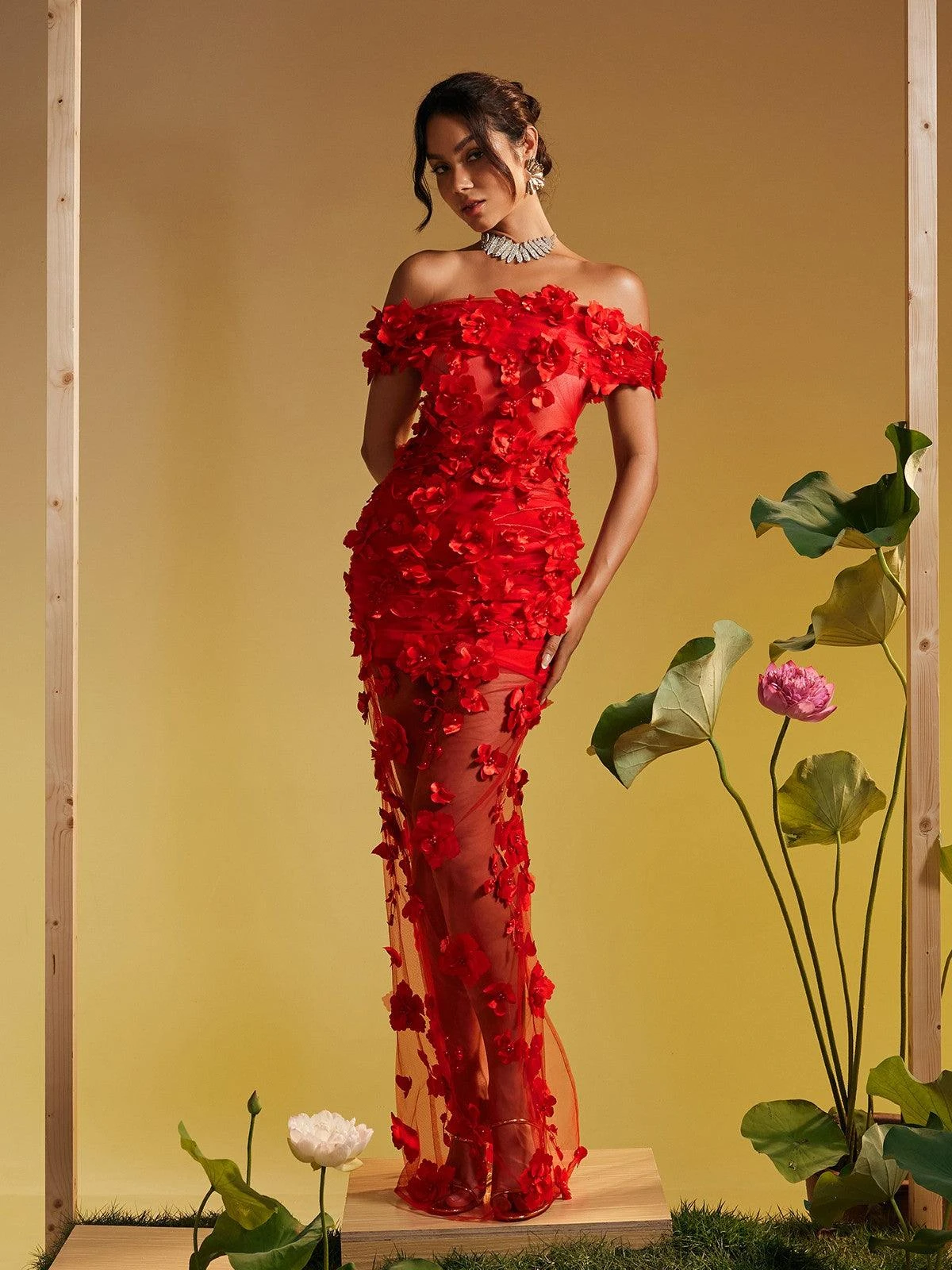 Azizi Off Shoulder Flower Mesh Maxi Dress - Image 4