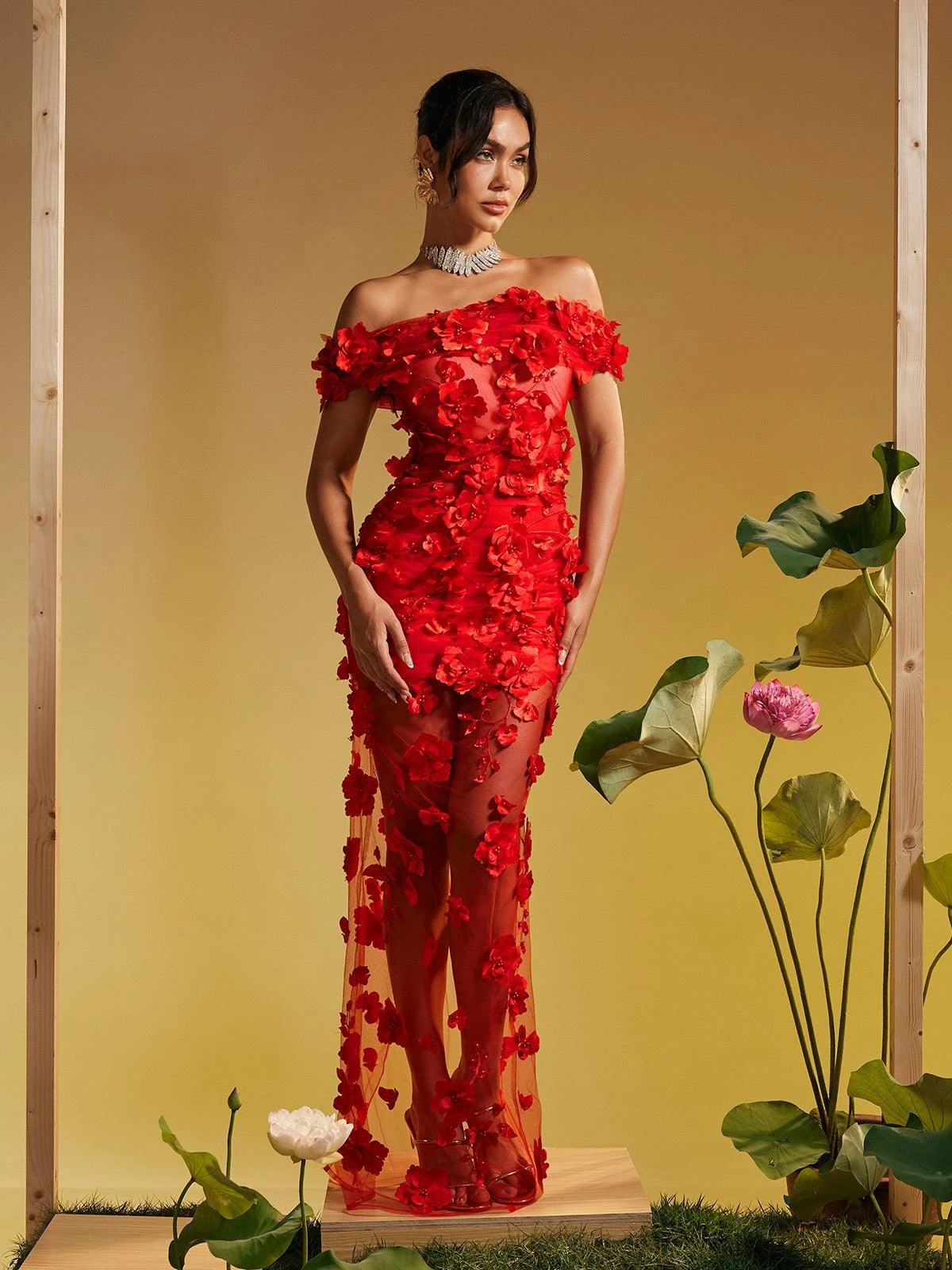 Azizi Off Shoulder Flower Mesh Maxi Dress - Image 5