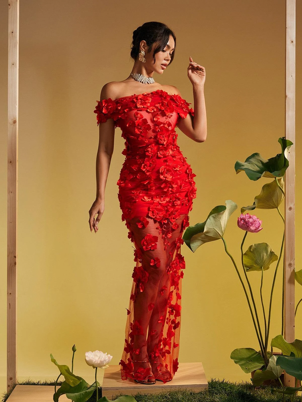 Azizi Off Shoulder Flower Mesh Maxi Dress - Image 6