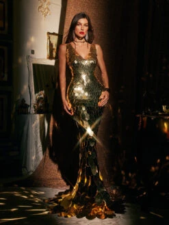 Azuria V Neck Scale Maxi Dress In Gold