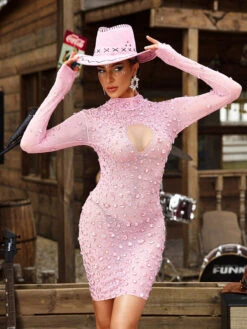 Baelis Long Sleeve Rhinestone Mesh Mini Dress