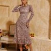 Baelorix Long Sleeve Leopard Midi Dress In Brown
