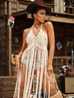 Baelric Halterneck Fringe Cover Up Dress In Apricot