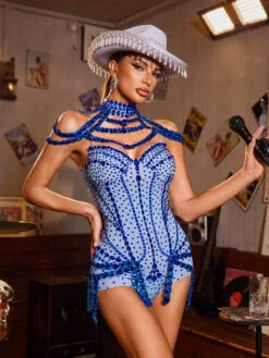 Balthion High Neck Embellished Bodysuit In Blue