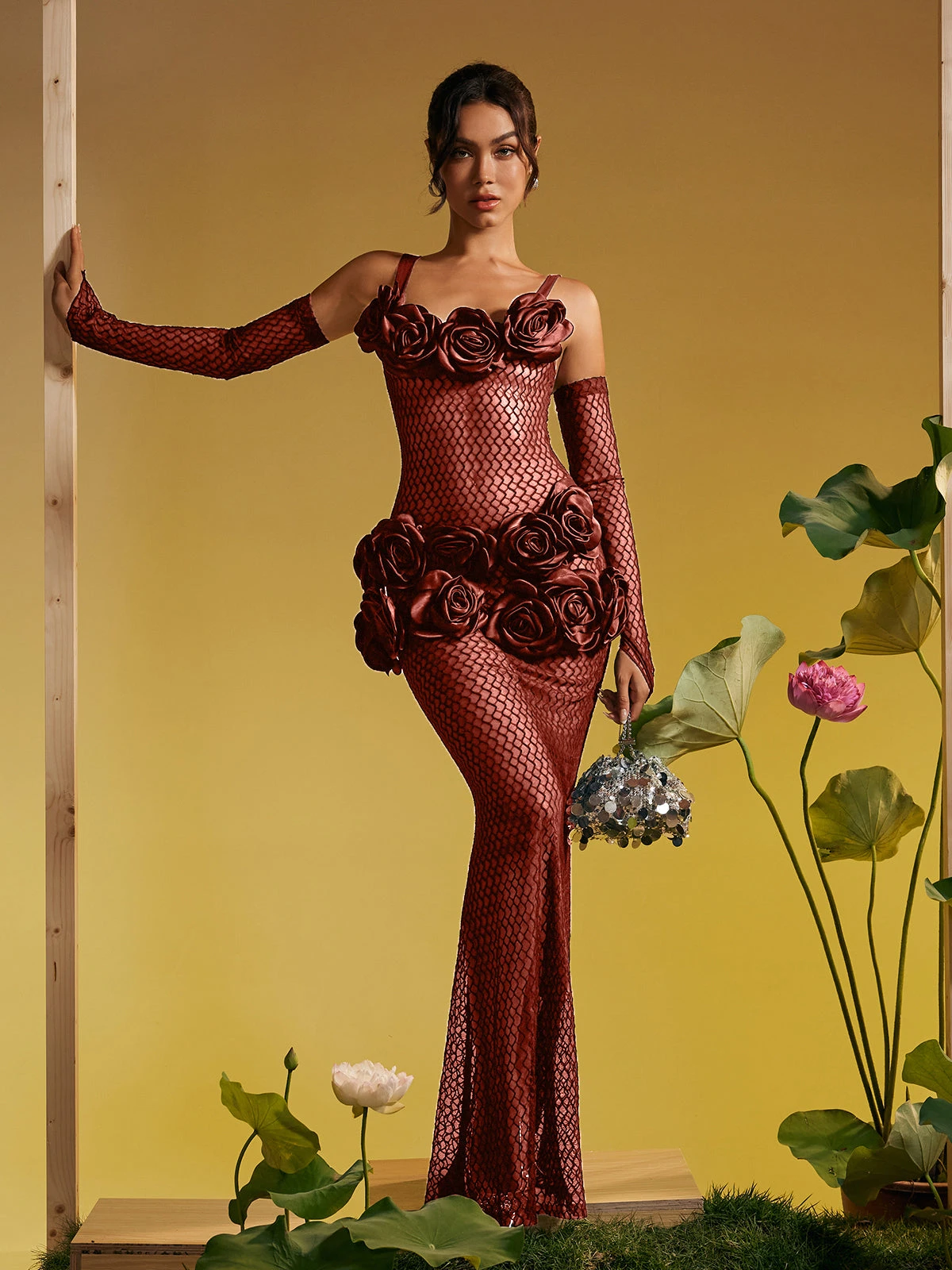 Barbara Spaghetti Cutout Flower Maxi Dress In Brown - Image 4