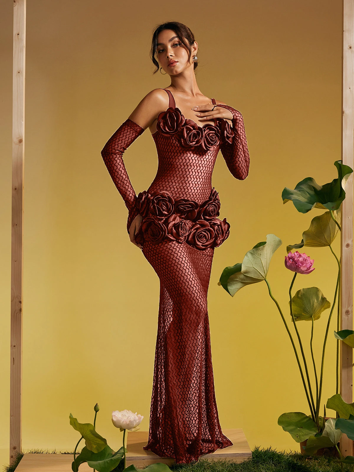 Barbara Spaghetti Cutout Flower Maxi Dress In Brown - Image 3