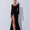 Bernice Long Sleeve Gloves Velvet Maxi Dress In Black