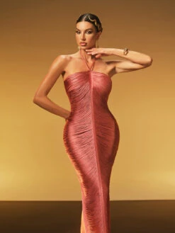 Bluma Halterneck Fringe Maxi Dress In Rosewood