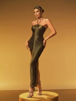 Bluma Halterneck Fringe Maxi Dress In Oliver