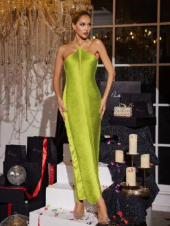 Bluma Halterneck Fringe Maxi Dress In Lime