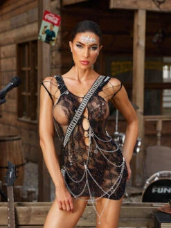 Brynara Rhinestone Cutout Chain Mini Dress