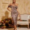 Brynelle Off Shoulder Leopard Sequin Midi Dress