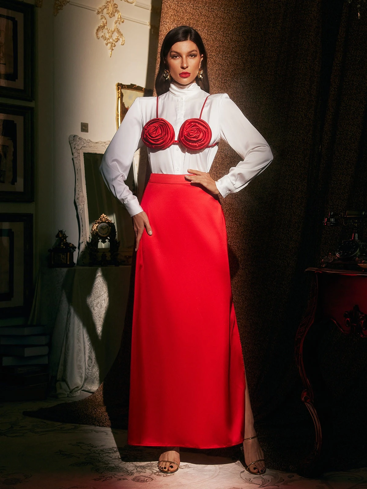 Brynthos Flower Satin Skirt Three Piece Set