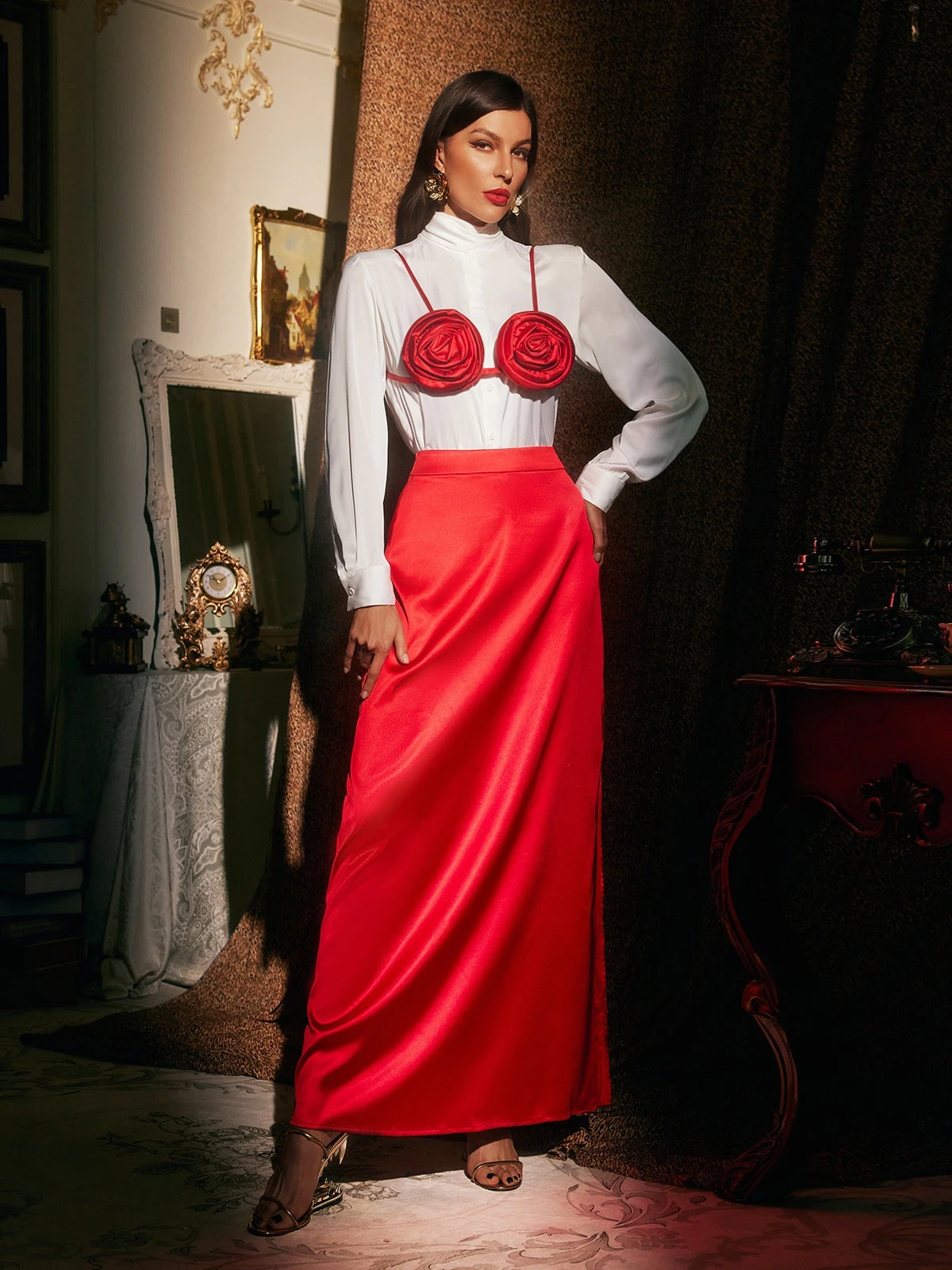 Brynthos Flower Satin Skirt Three Piece Set - Image 2