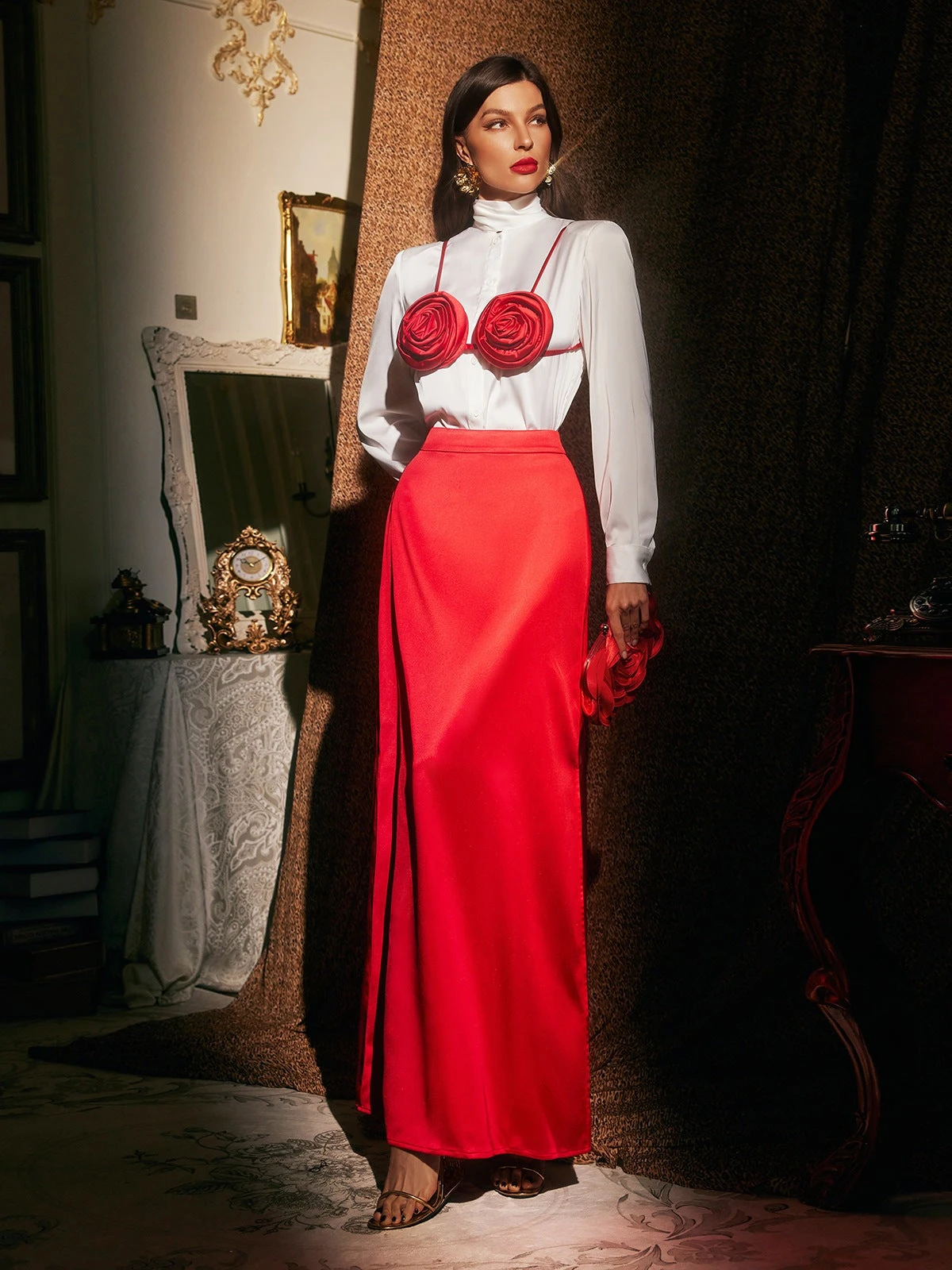 Brynthos Flower Satin Skirt Three Piece Set - Image 4