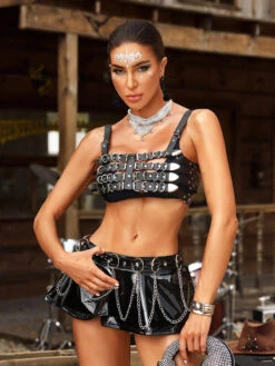 Brystin Spaghetti Cutout Leather Top