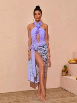 Cally Halterneck Swimwear Two Piece Set In Lilac