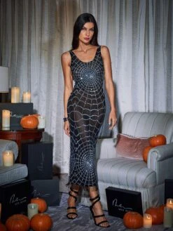 Calyx Scoop Neck Cobweb Sequin Midi Dress In Black