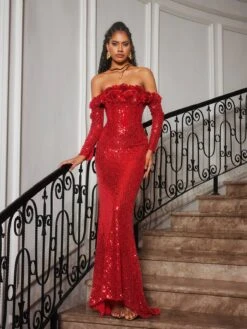 Catherynne Off Shoulder Flower Sequin Maxi Dress